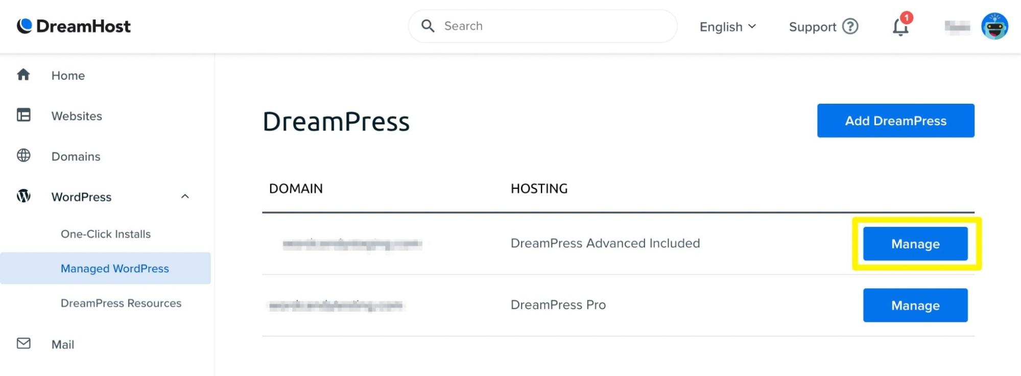 DreamPress managed WordPress settings in Panel