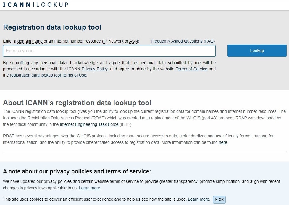 ICANN domain registration data lookup