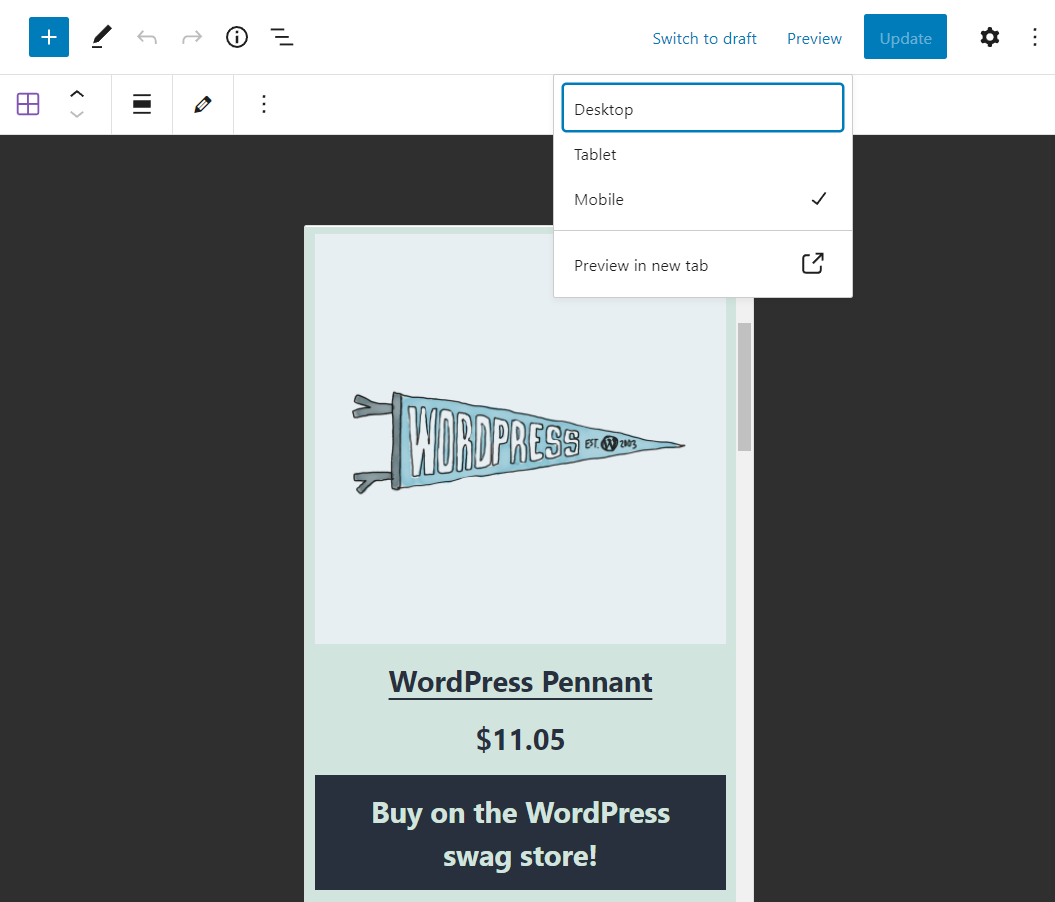 Previsualizando una página en WordPress usando la configuración móvil.