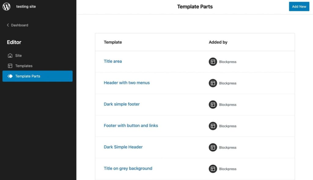 the template parts screen in WordPress