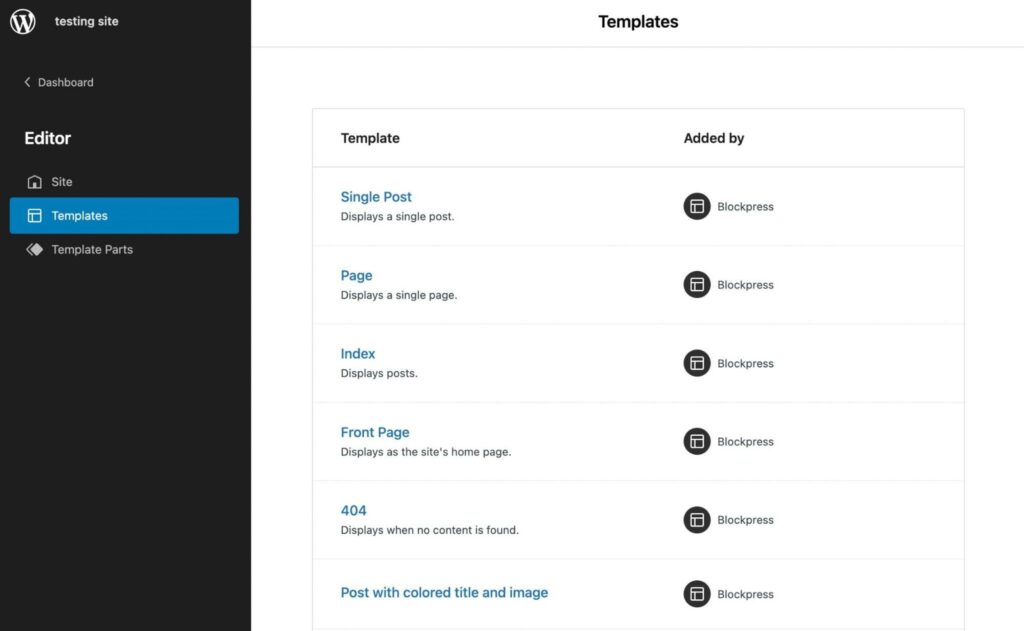 the WordPress templates screen