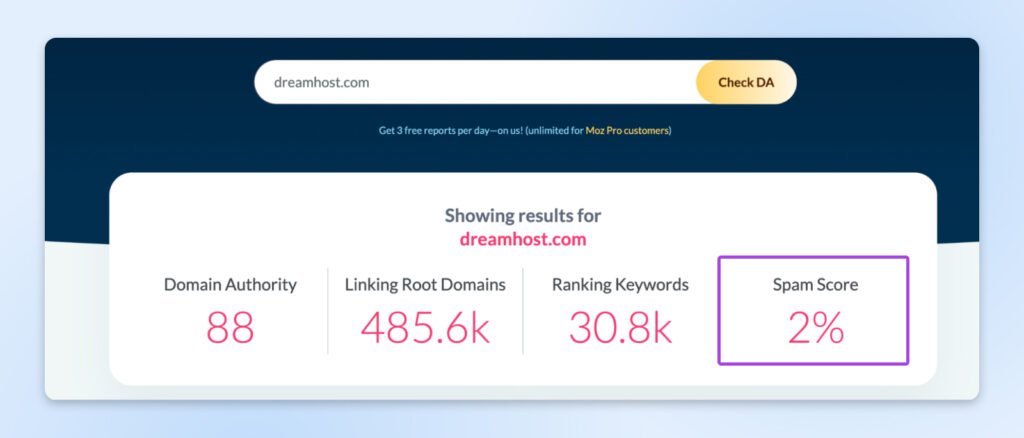 Captura de pantalla que muestra las métricas de dominio de DreamHost: autoridad 88, 485.6 k dominios raíz con enlaces, 30.8 k palabras clave posicionadas y una puntuación de spam del 2 %.