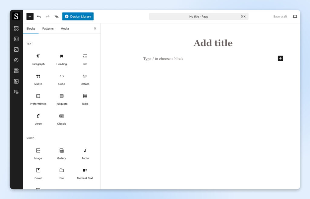 ChatGPT said: Interfaz del editor de bloques de WordPress que muestra opciones de bloques de texto y medios como Párrafo, Cita, Imagen y Galería en una página en blanco.