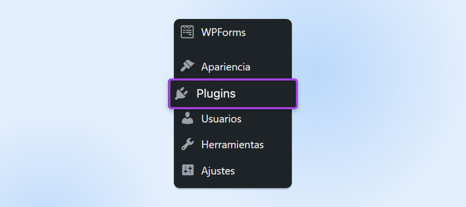 Opción plugins, menu administrativo de WordPress
