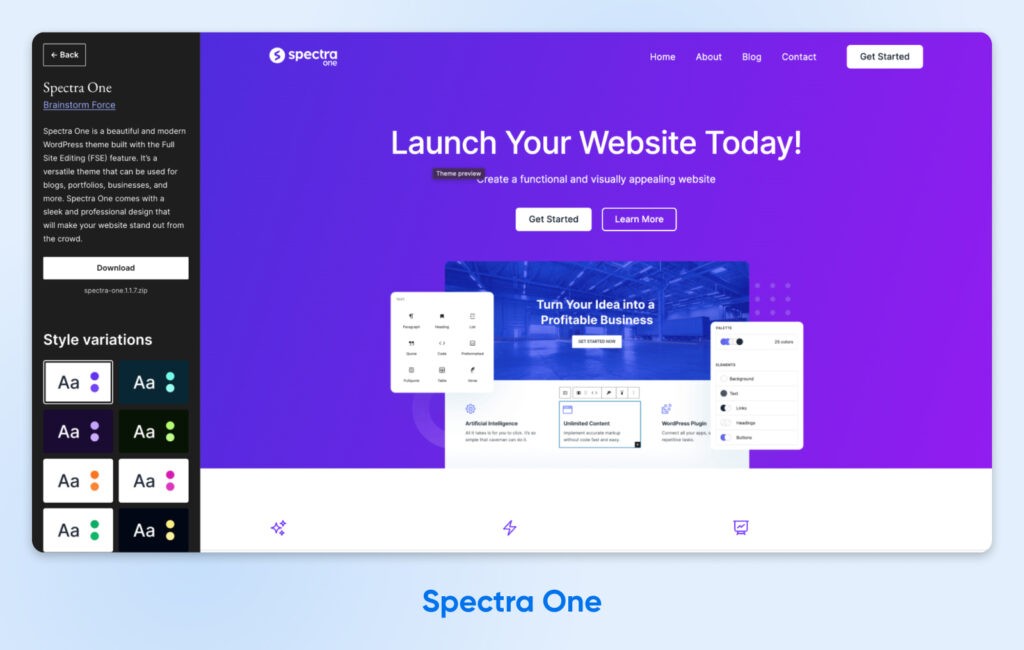 Vista previa del tema de WordPress Spectra One, que presenta una página de inicio en un audaz tono púrpura con un titular que dice “¡Lanza tu sitio web hoy!” y botones de llamada a la acción para “Comenzar” y “Más información.”