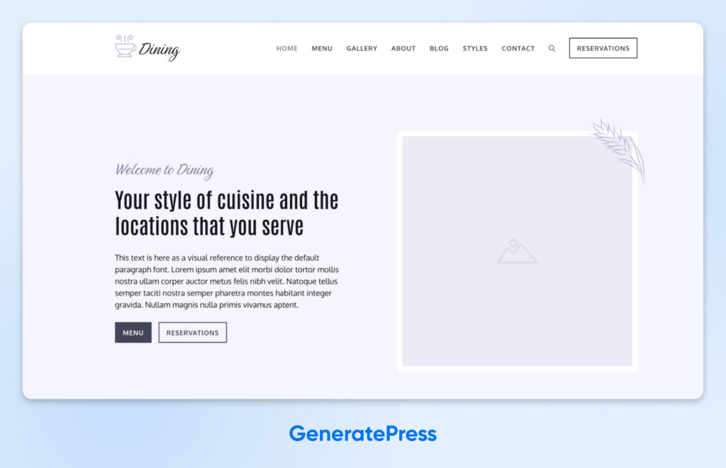 Diseño de tema minimalista para restaurante de GeneratePress, que incluye un encabezado de muestra, una imagen de marcador de posición y una barra de navegación con un botón de “Reservas.”
