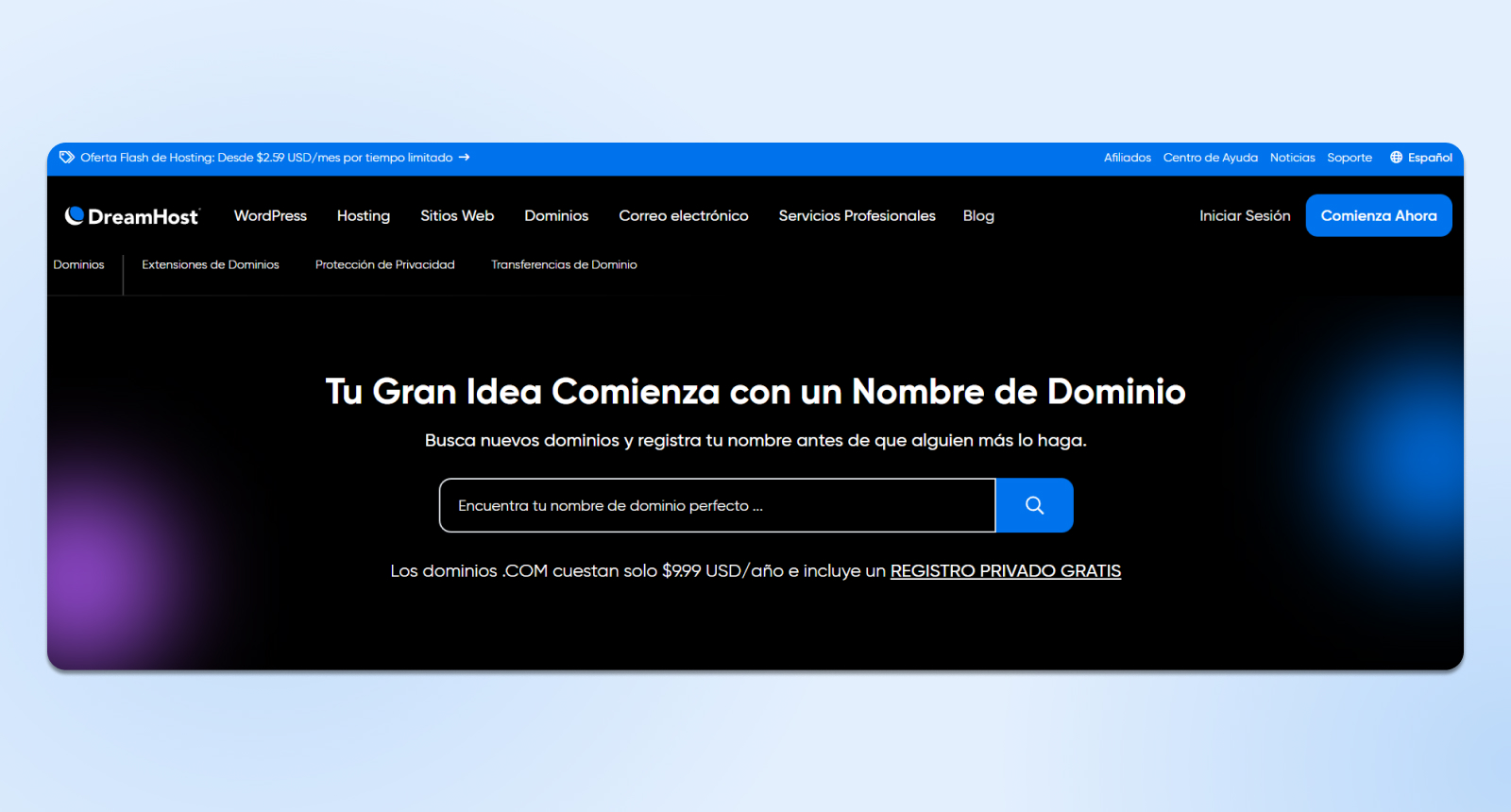 captura de pantalla de la barra de búsqueda de nombres de dominio con la indicación "Encuentra el nombre de dominio perfecto..." en la barra de búsqueda vacía