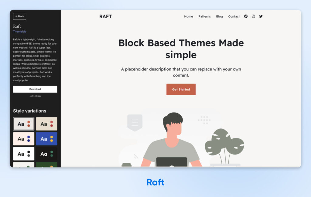 Diseño de página de inicio limpio y moderno del tema de WordPress Raft, con un titular centrado, un botón de llamada a la acción, una ilustración de una persona usando un portátil y una navegación minimalista.