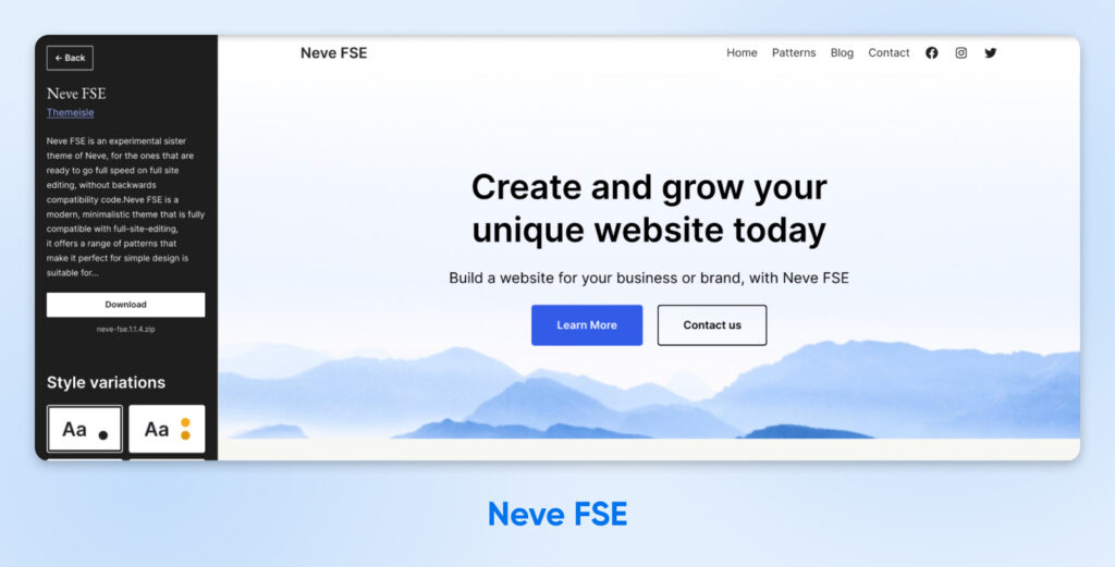ChatGPT said: Página de inicio del tema de WordPress Neve FSE, con un diseño limpio, un titular destacado, un fondo de montañas y dos botones de llamada a la acción prominentes: “Más información” y “Contáctanos.”