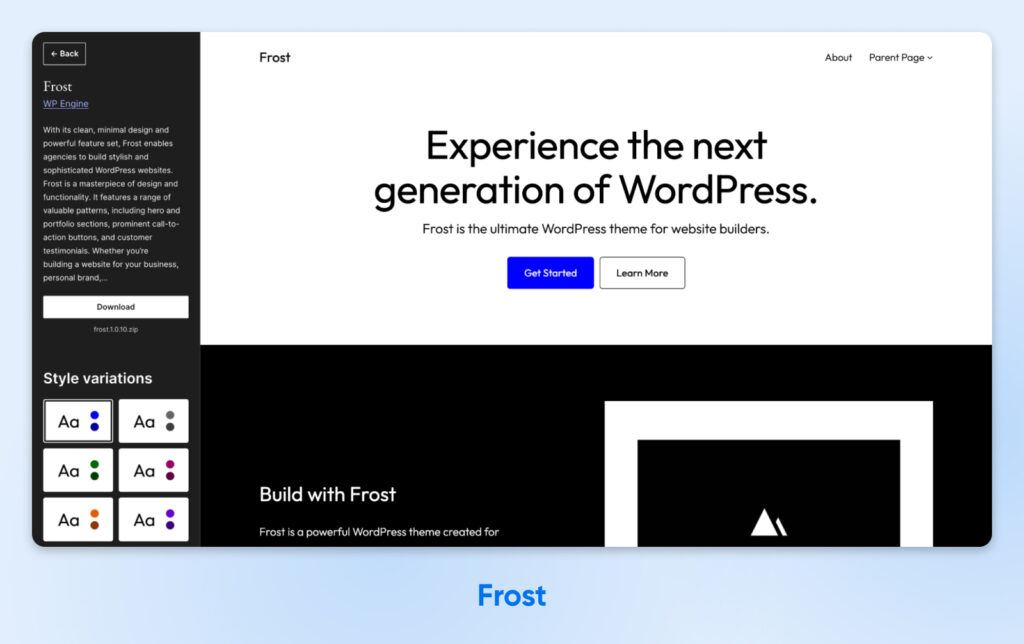 Página de inicio minimalista del tema de WordPress Frost, con un diseño audaz en blanco y negro, un titular grande y dos botones de llamada a la acción: “Comenzar” y “Más información.”