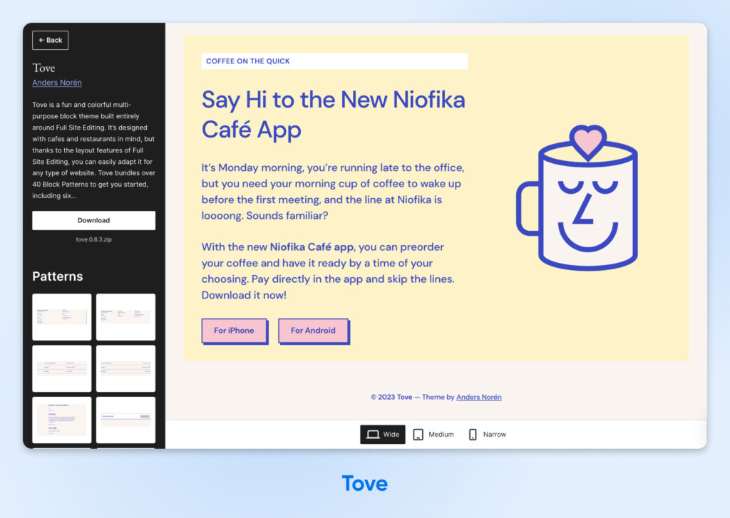 Ilustración de una taza junto a una cita destacada que promociona la aplicación Niofika Café, la cual permite a los clientes pedir su café por adelantado y saltarse la fila.