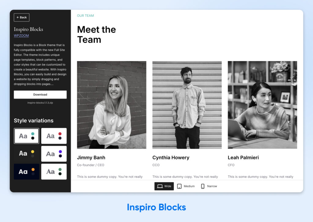 Sección Conoce al equipo con tres fotos de perfil en blanco y negro, nombres, cargos y biografías de muestra, además de opciones de variación de estilo y un botón de descarga en el panel izquierdo.