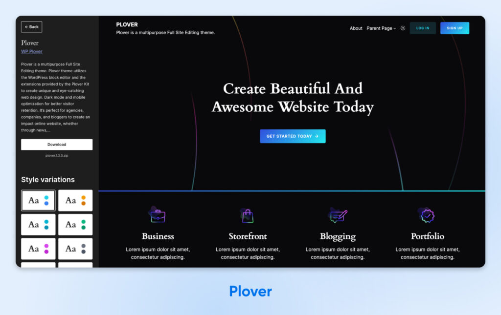 Tema de sitio web multipropósito en modo oscuro, con tipografía blanca y audaz, íconos con acentos neón para categorías de negocios y opciones de variación de estilo coloridas en la barra lateral.