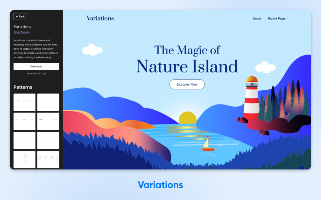 Tema de sitio web colorido y fantasioso que presenta una escena ilustrada de la naturaleza con montañas, un faro y un velero al atardecer; la barra lateral incluye vistas previas de plantillas y detalles del tema.