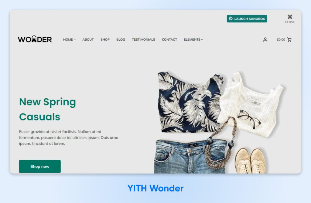 Página de inicio de comercio electrónico con una vista cenital de ropa y accesorios casuales de primavera; la barra lateral muestra la promoción “Nuevos Casuals de Primavera” con un botón de “Comprar ahora” y un menú de navegación en la parte superior.