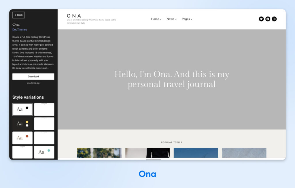 Diseño de sitio web minimalista con un texto centrado en una franja gris que dice “Hola, soy Ona. Y este es mi diario personal de viajes”, además de una barra de navegación clara y un selector de estilo visual en el lado izquierdo.