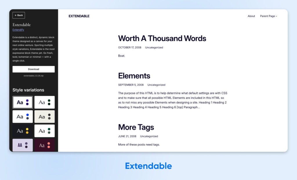 ChatGPT said: Página de inicio minimalista estilo blog con títulos de publicaciones grandes y en negrita, metadatos simples y una paleta limpia en blanco y negro. La barra lateral izquierda ofrece variaciones de estilo e información de descarga para el tema Extendable.