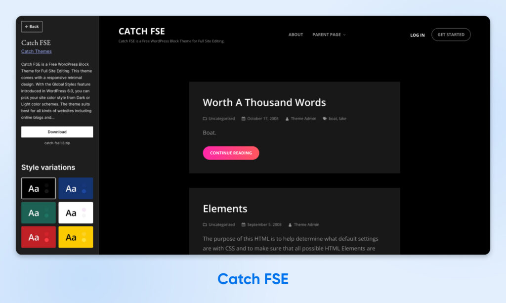 ChatGPT said: Diseño de blog oscuro y moderno con tipografía audaz y un botón de acento brillante. Catch FSE ofrece múltiples variaciones de estilo y edición completa del sitio en un diseño limpio y minimalista.
