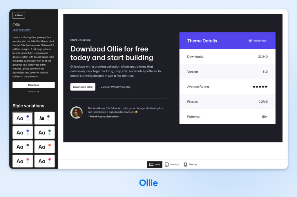 Página de detalles del tema de bloques de WordPress Ollie, con descripción, botón de descarga, variaciones de estilo y estadísticas del tema que muestran descargas, versión, calificación, tamaño de archivo y número de patrones.
