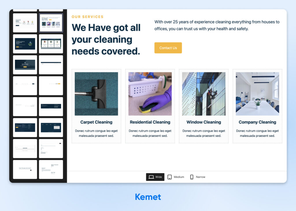 Vista previa de la página del tema Kemet con ejemplos de servicios de limpieza, incluyendo alfombras, residencial, ventanas y limpieza empresarial, cada uno con una imagen, una breve descripción y un botón de contacto.