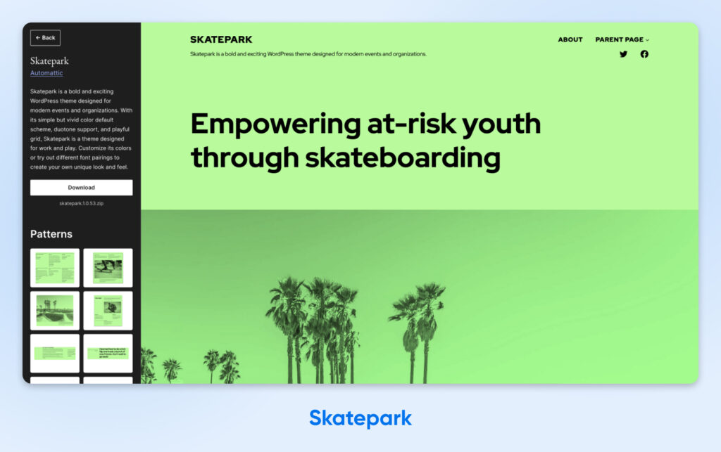 ChatGPT said: Tema de WordPress Skatepark con fondo verde lima, un titular en negro y audaz, e imagen de una palmera. La barra lateral muestra patrones y un botón de descarga.