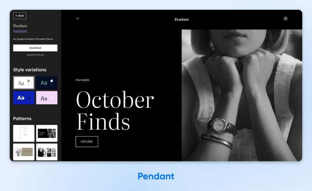 ChatGPT said: Tema de WordPress Pendant con un diseño minimalista en negro, un texto grande en tipografía con serif que dice “October Finds” y una foto en escala de grises de una mujer usando un reloj. La barra lateral muestra variaciones de estilo y patrones.