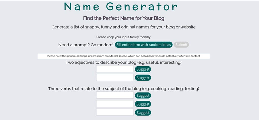 La herramienta Blog Name Generator.