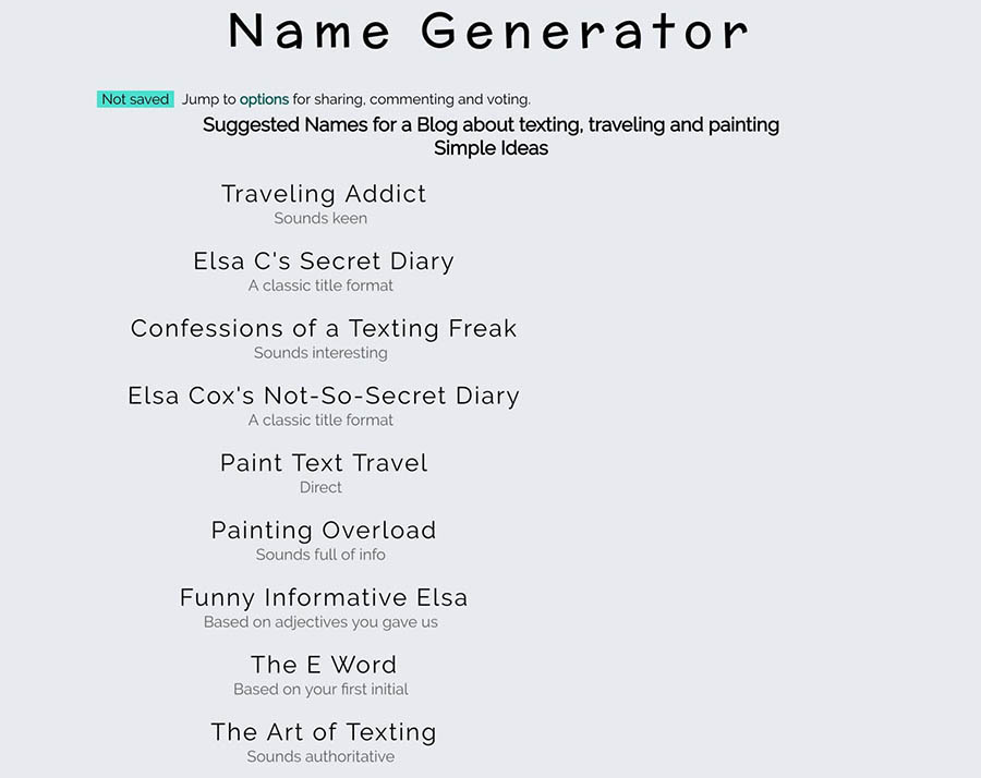 Name Generator results.