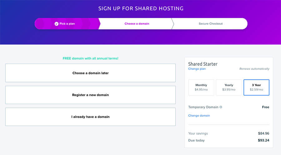 The options to register a domain while signing up for DreamHost shared hosting.