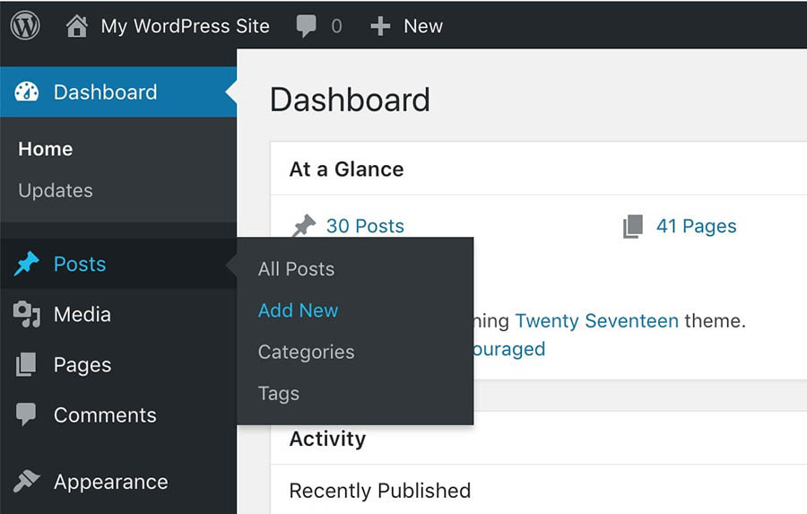 The option to add a new post in WordPress