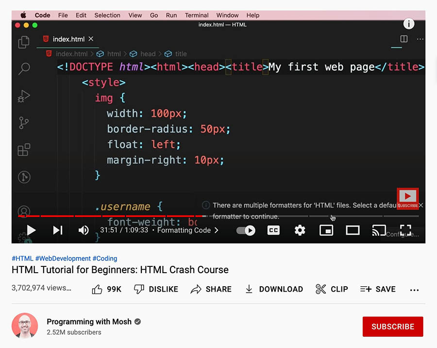 YouTube HTML tutorial for beginners