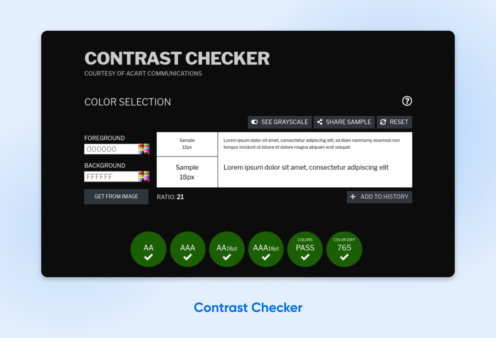 screenshot of the tool Contrast Checker showing the drop-down options to check color on color 