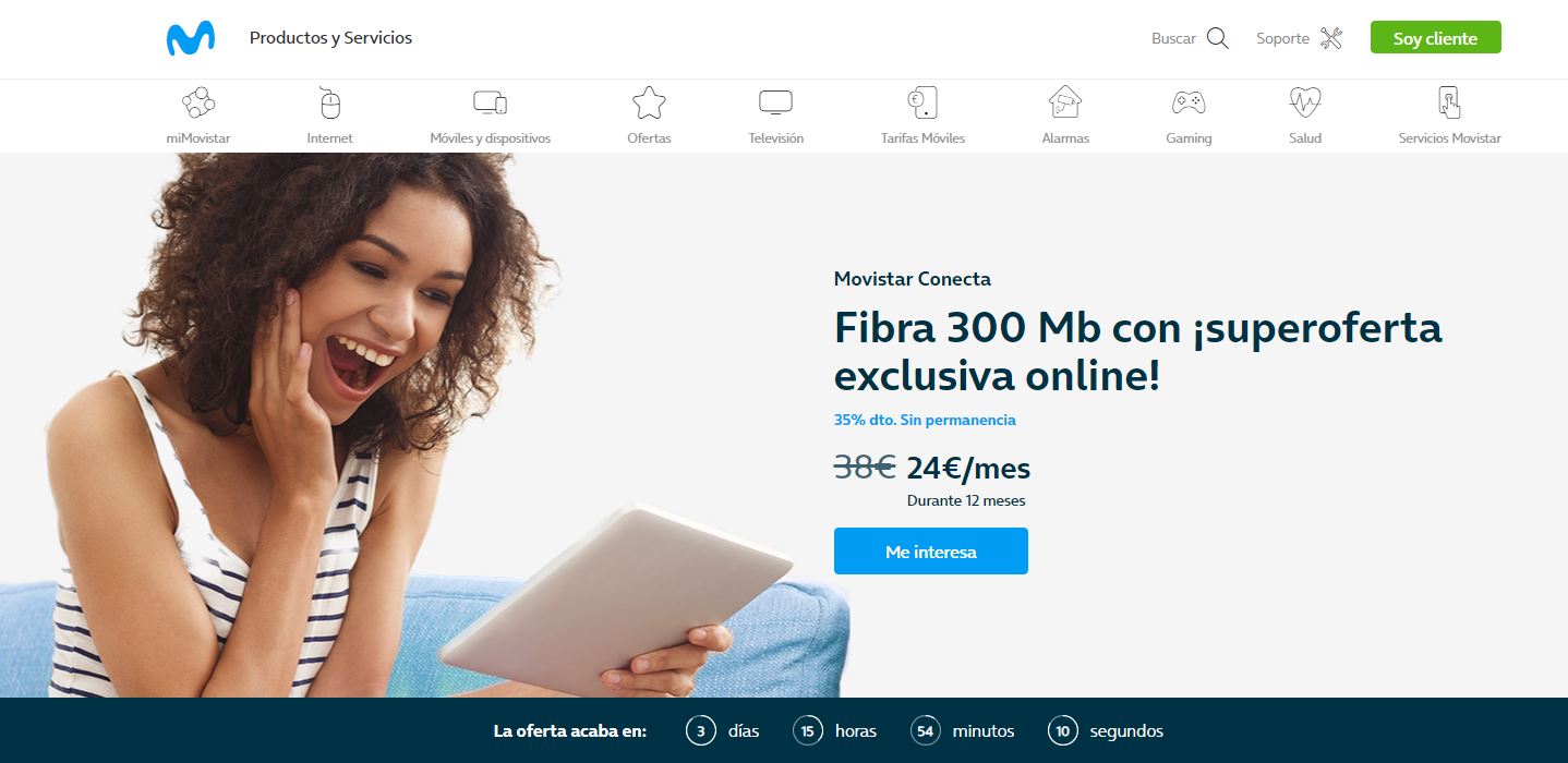 El sitio web del proveedor de internet (ISP) Movistar.