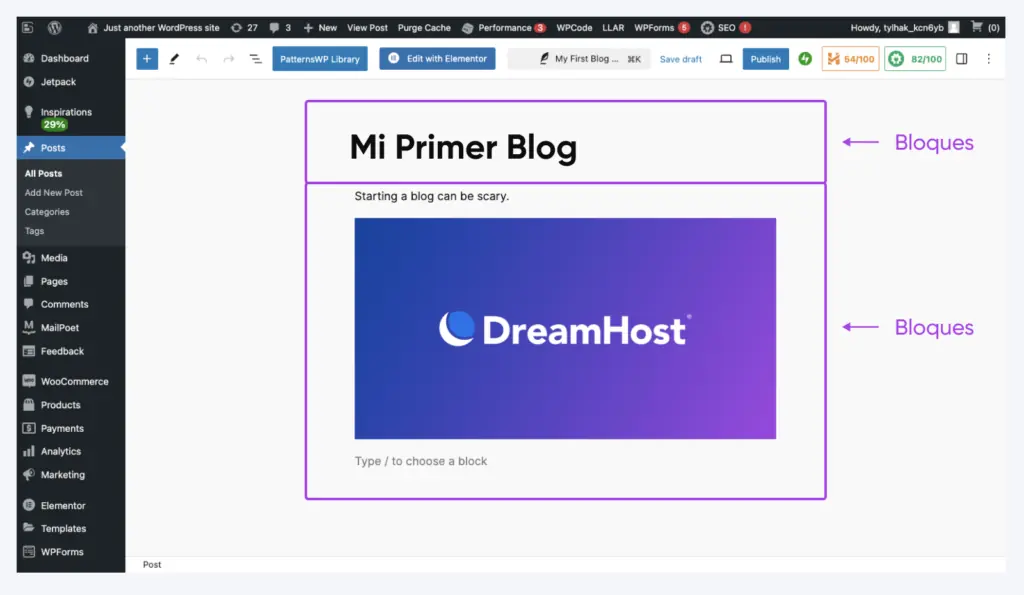 Interfaz del editor de WordPress destacando los elementos de contenido basados en bloques