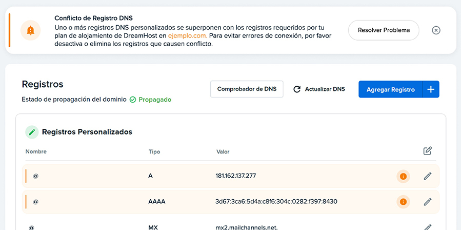 Registros DNS personalizados en el panel de DreamHost