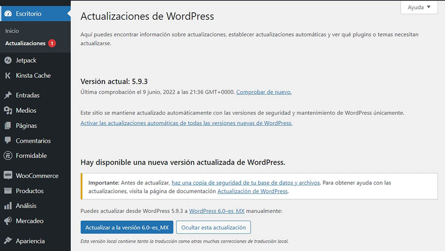 Notificaciones de actualizaciones en WordPress.