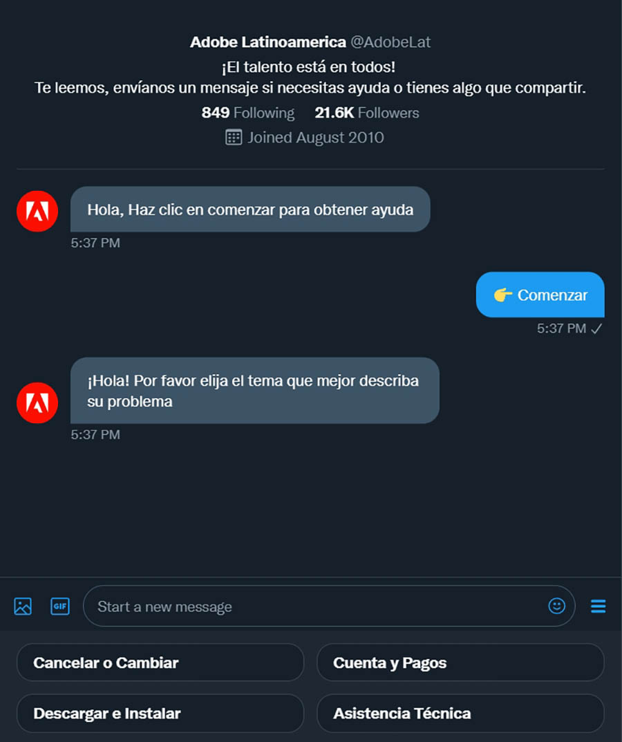 La cuenta de Adobe Latinoamérica brindando respuestas automatizadas por Twitter.