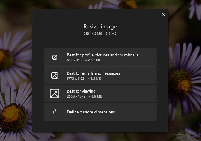 Opciones de cambio de tamaño en Microsoft Photos