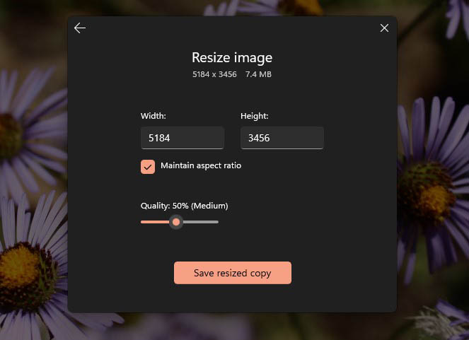 Configurando dimensiones personalizadas en Microsoft Photos