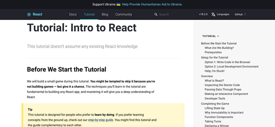 El sitio web de tutorial en React.