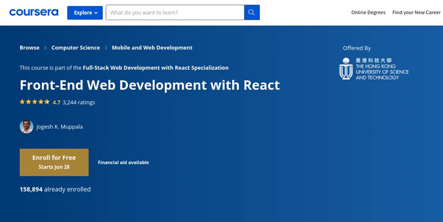 El curso en Coursera de Desarrollo web Front-End Web con React. 