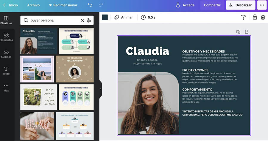 Diseño gratis de un buyer persona en Canva.