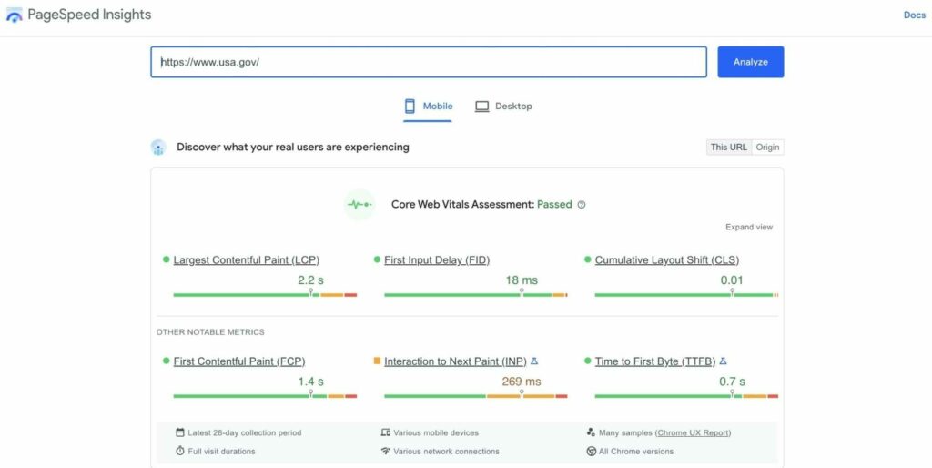 Google PageSpeed Insights - Core Web Vitals Results