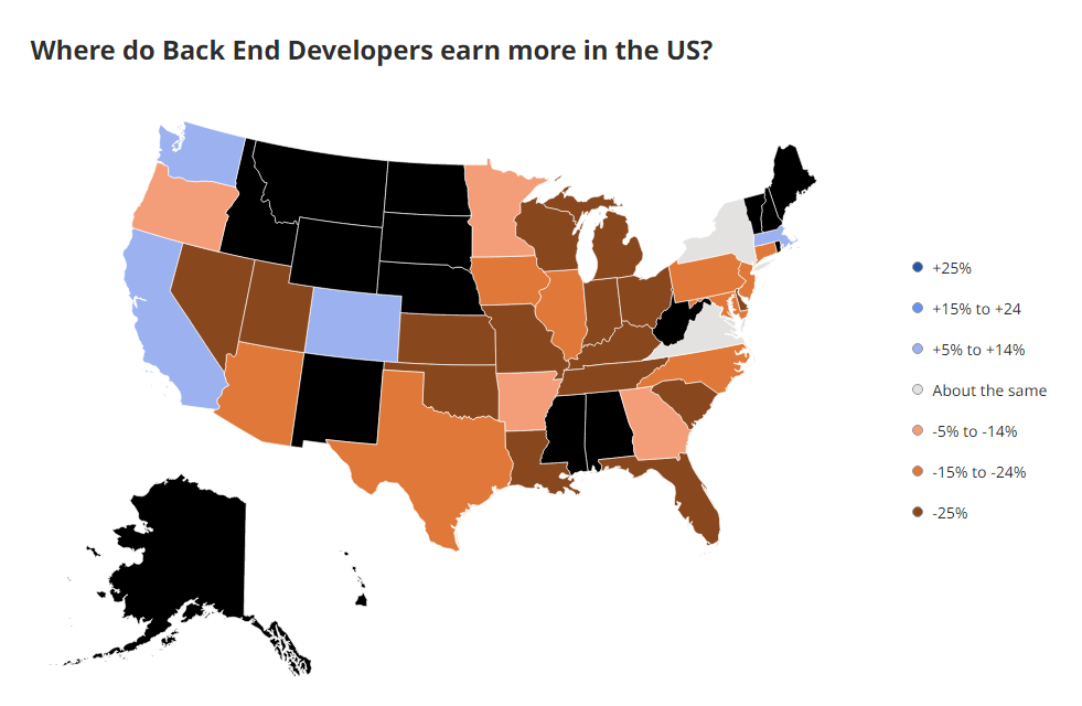Mapa de ganancias de desarrolladores back en por estado de Indeed