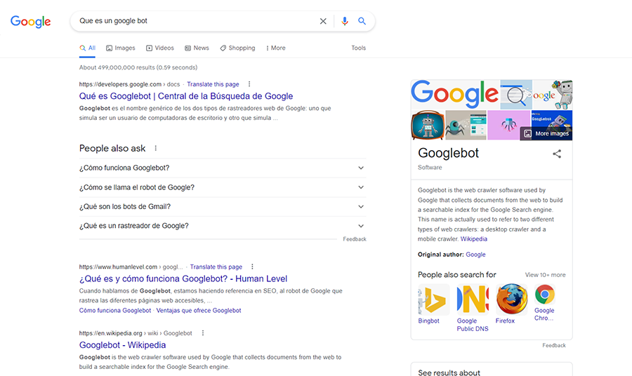 Google search mostrando el Googlebot.