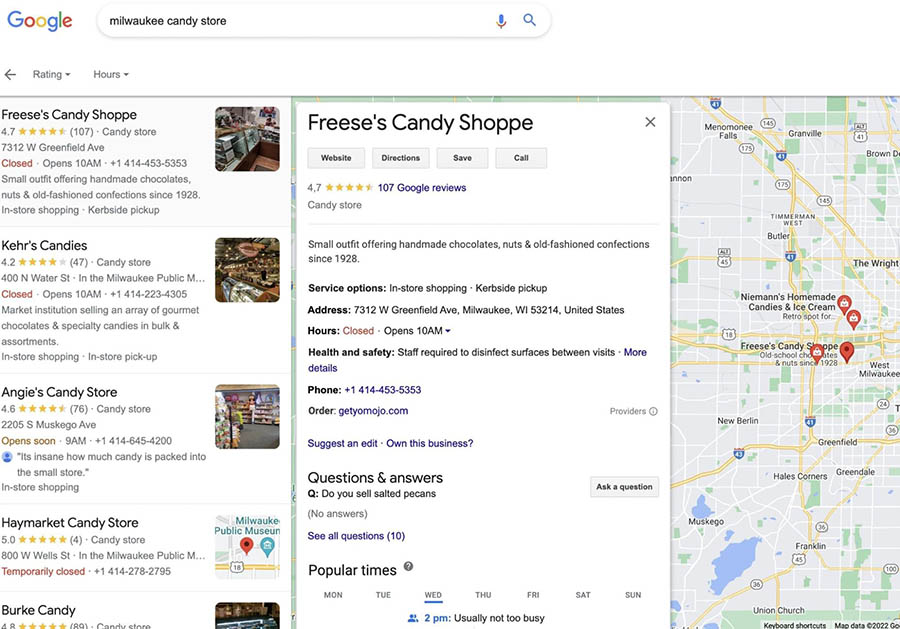 Listados de Google Business Profile para una tienda de dulces en Milwaukee.