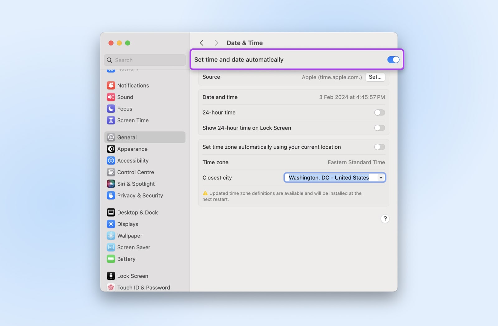 screenshot of the date & time setting menu on a mac showing the toggle option to auto set date and time 