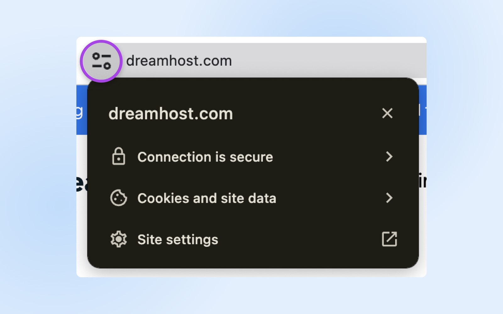 close up of a chrome address bar shwoing the site information button engaged and options for connection is secure and cookies and site data and well as site settings