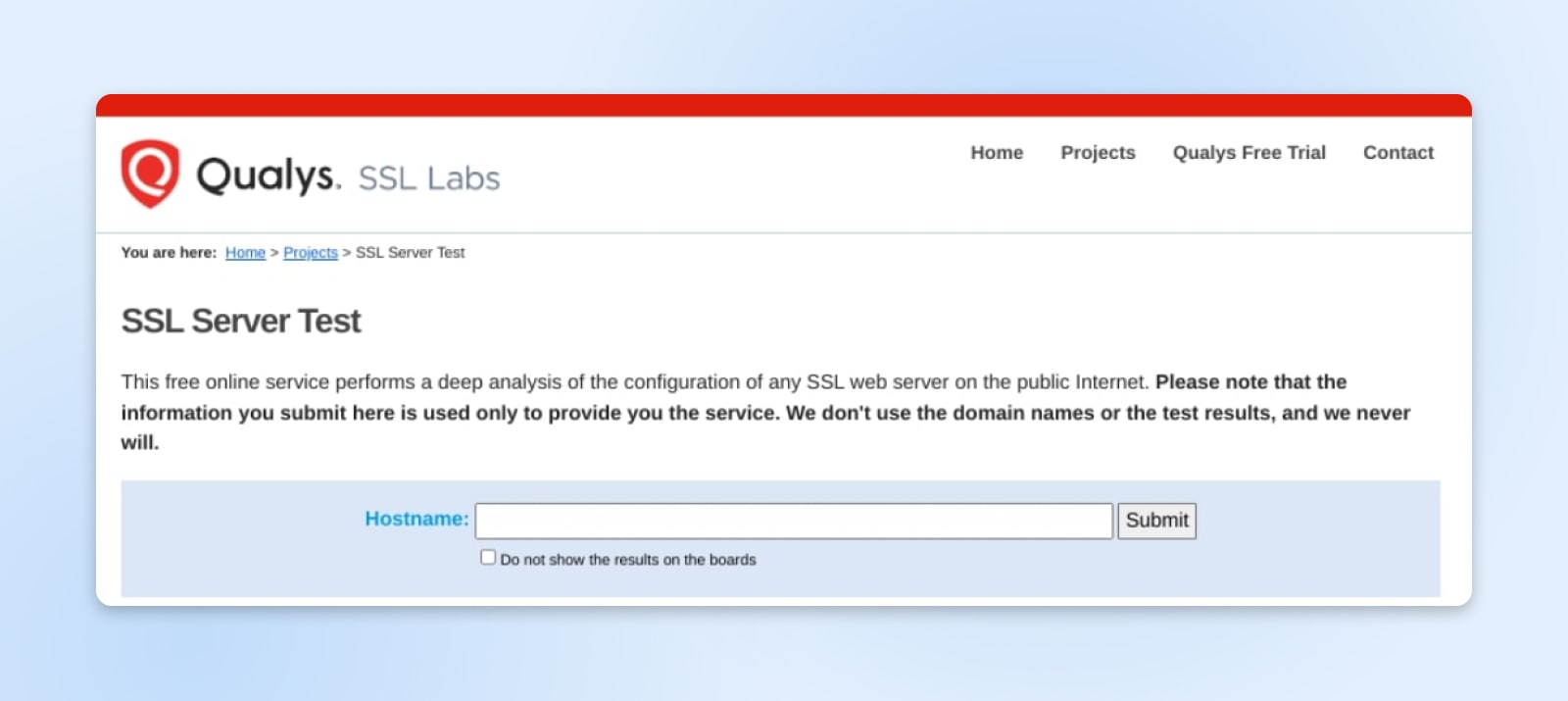 screenshot of the SSL server test by Qualys