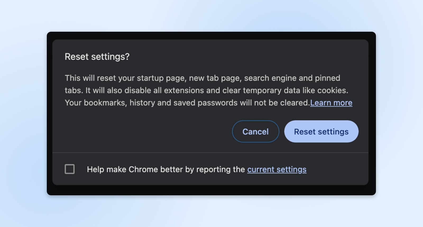 reset settings dialogue box on Chrome